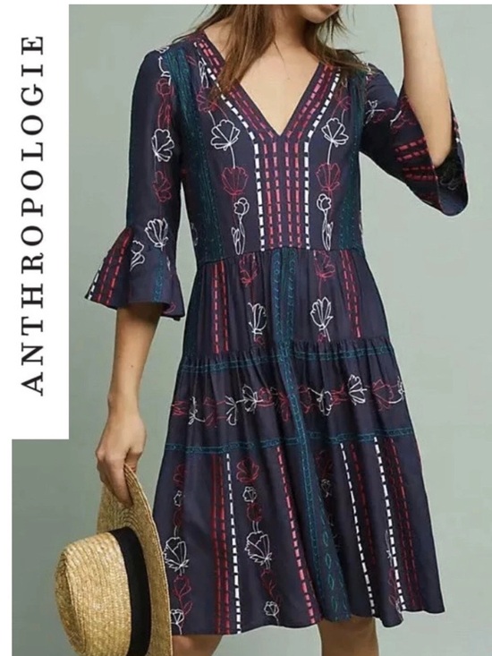 Anthropologie Dresses & Skirts - Anthropologie Akemi + Kin Navy Blue Embroidered Boho Floral Mini Dress Size 8